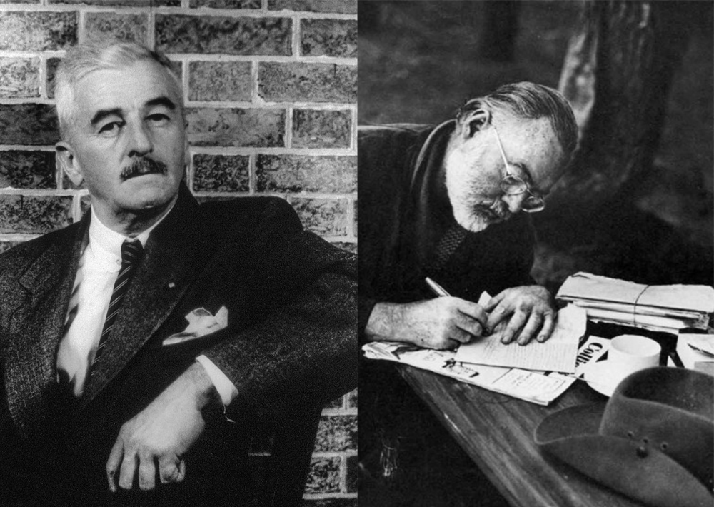 Combined image with Faulkner on one side and Hemingway on the other