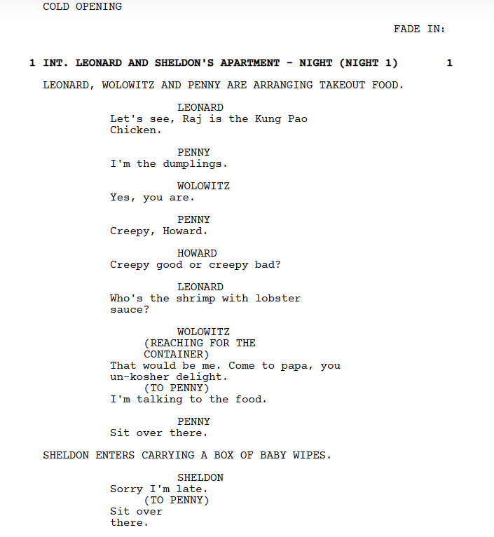 Image of a sample of text from an episode of The Big Bang Theory.