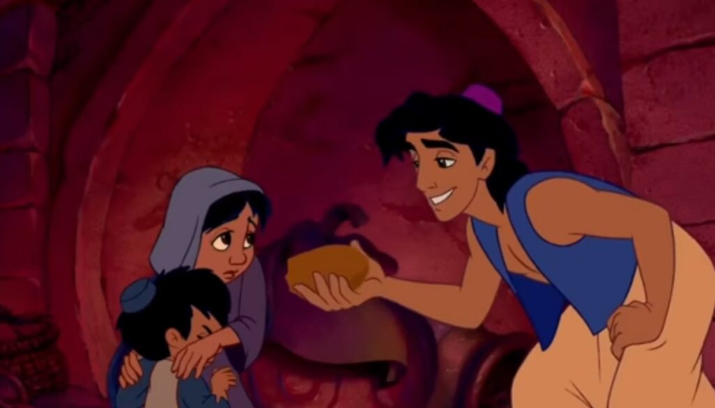 Image of Aladdin giving his bread to kids. 