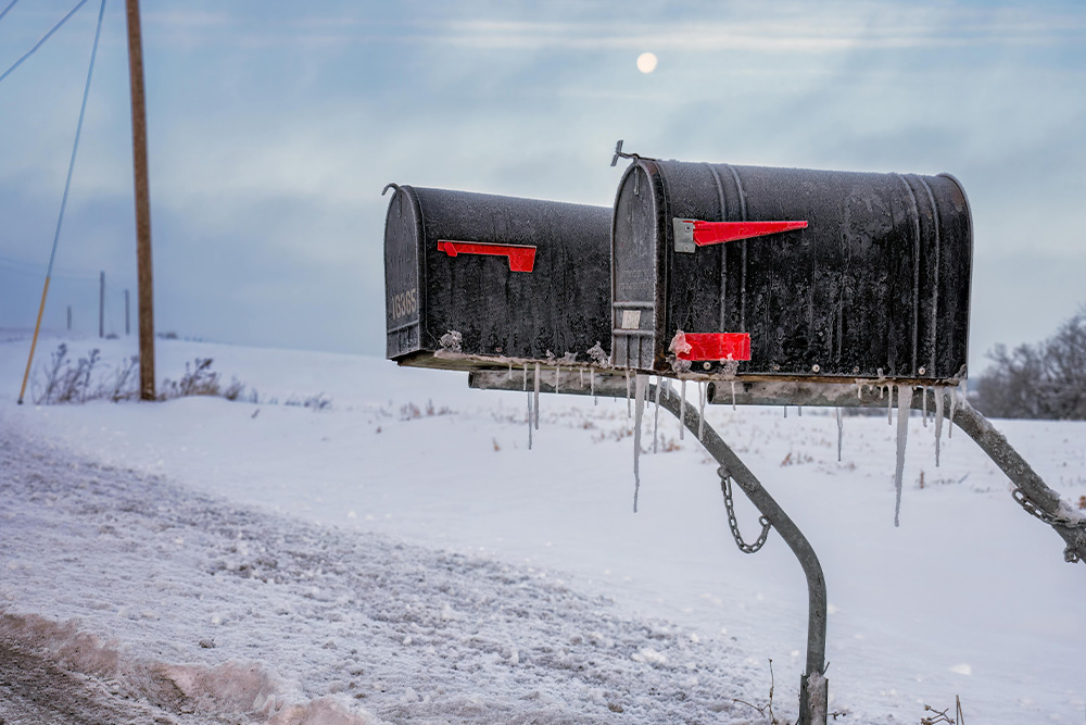Two mailboxes somewhere very cold--no one needs to send postage out when it's freezing!