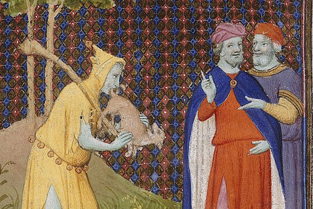 A fool playing a dog shaped bagpipe for the king from Bible Historiale for quick appeals to humor and to demonstrate just how long political cartoons have been a form of resistance to power.
