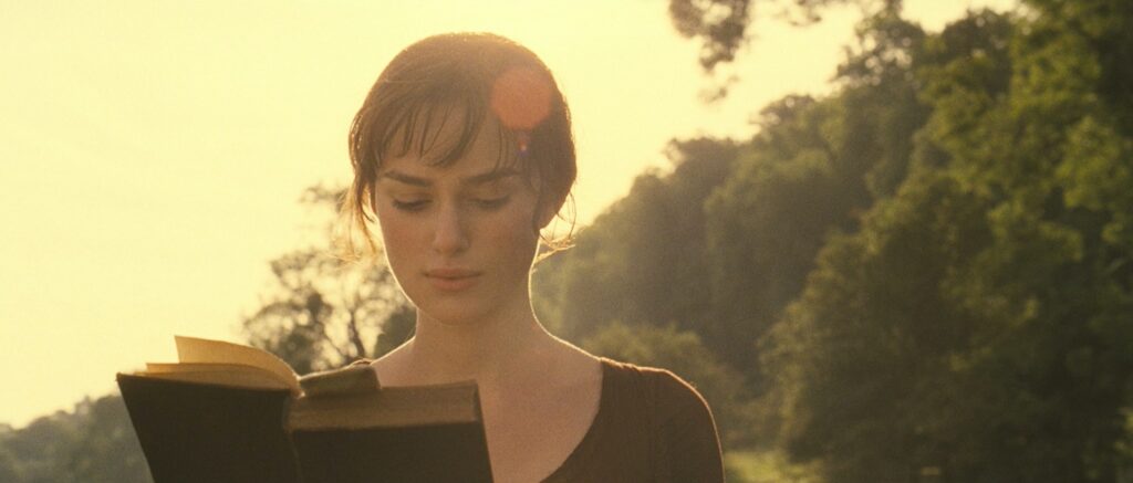 Keira Knightley as Elizabeth Bennet in Pride and Prejudice, representing the joy of reading