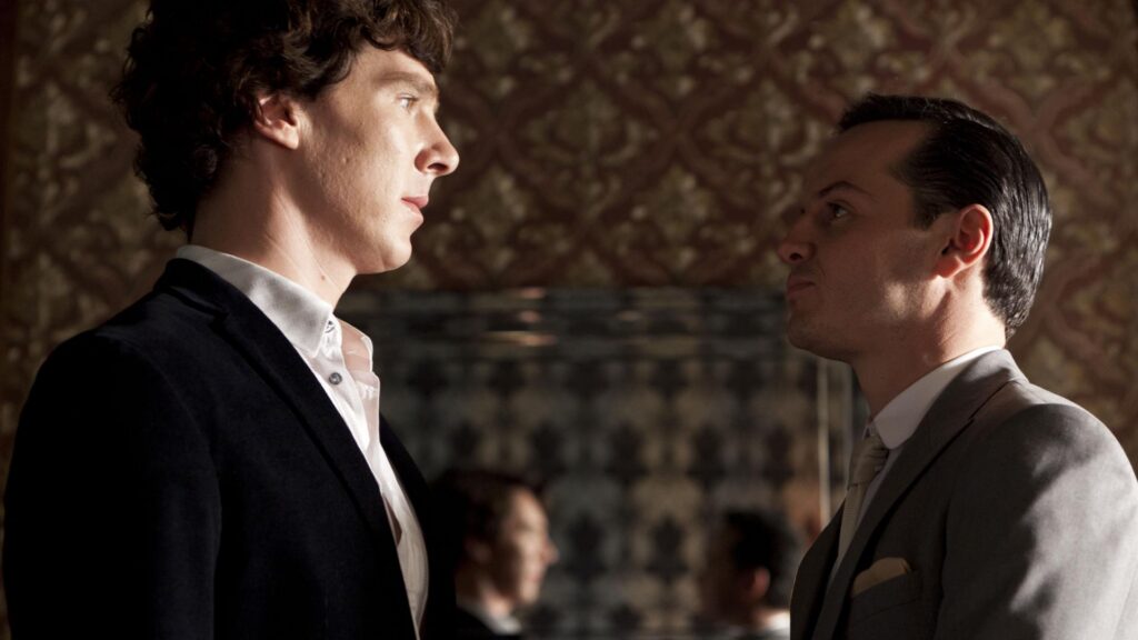 Sherlock and Moriarty in light and dark to highlight a clear difference in the two's protagonist/antagonist status.