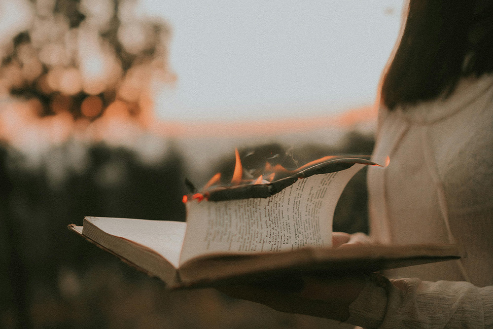 Someone reading a book in nature on fire, a suggestion that without proper management a work can burn up in the hands of a beta reader.