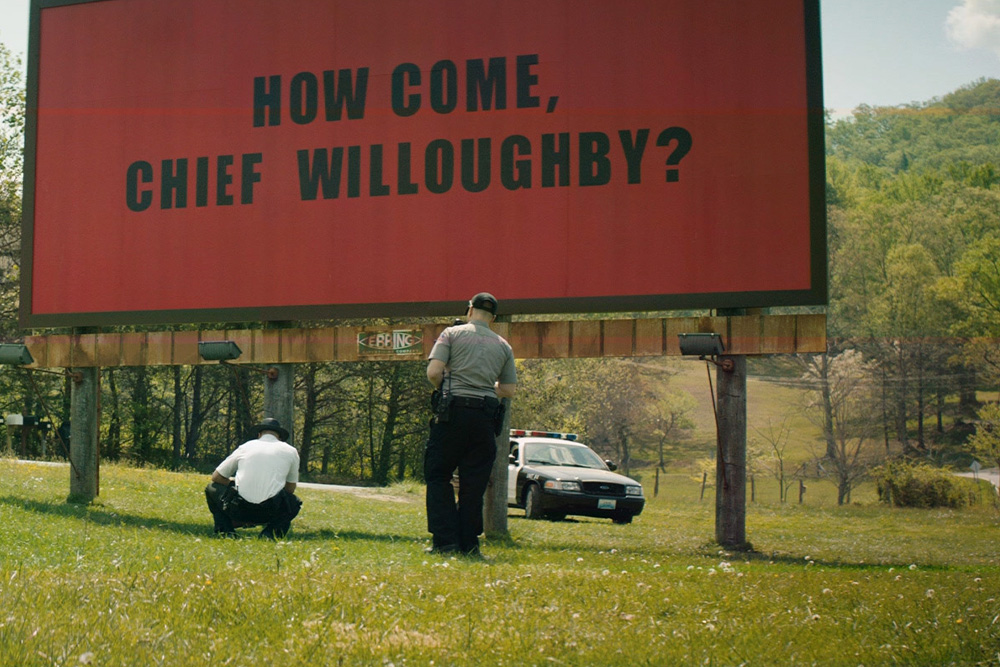 Image used to depict the fall out of a character vs. society in the context of the cited film—Three Billboards outside Ebbing, Missouri—to create a feeling of a character's work that steps outside of their onscreen presence to take on a larger body.