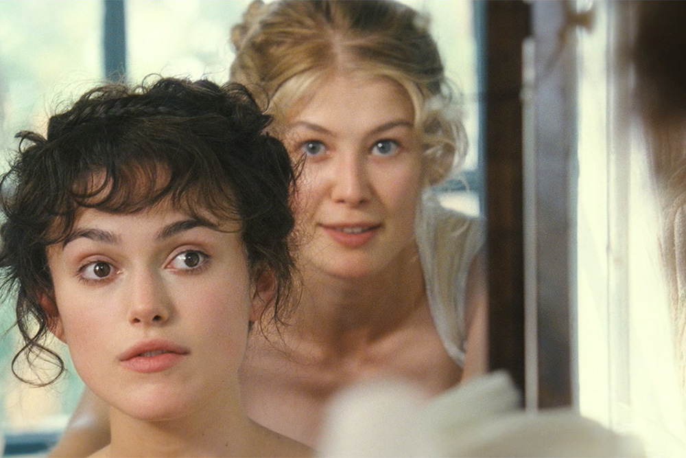 Moment from Pride and Prejudice connecting to the quote from the paragraph before and relating into the text citation in the following subheading, Keira Knightley looking to camera with intrigue