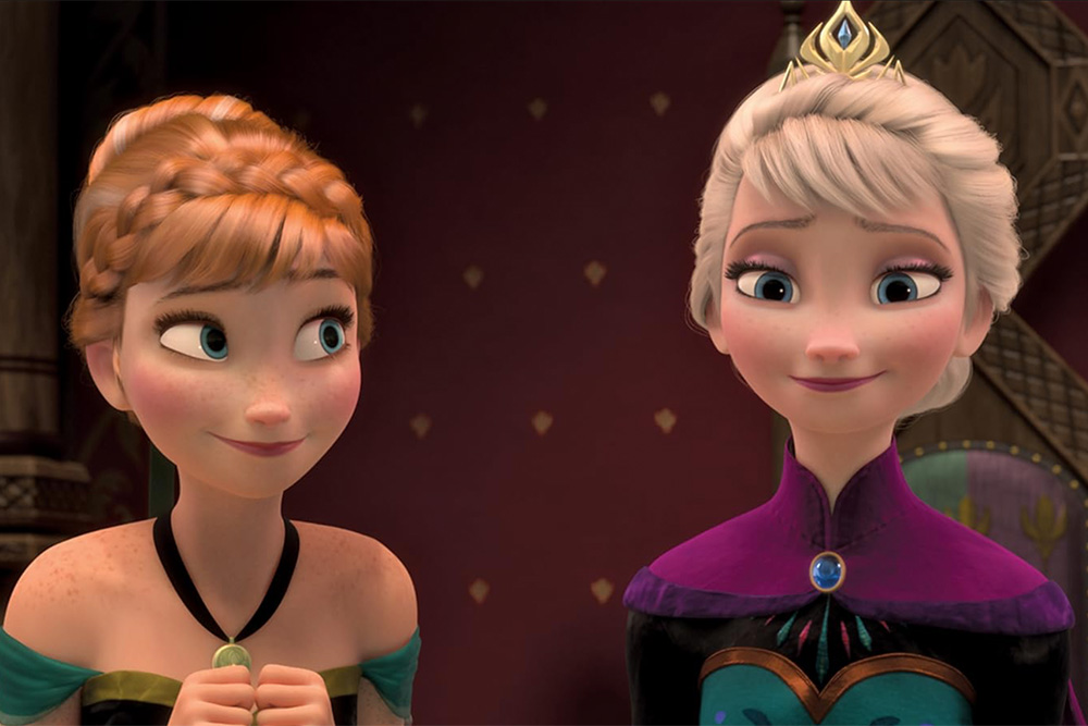 Characters depicted are Elsa and Ana from a screen grab where Anna is looking to her sister eagerly.