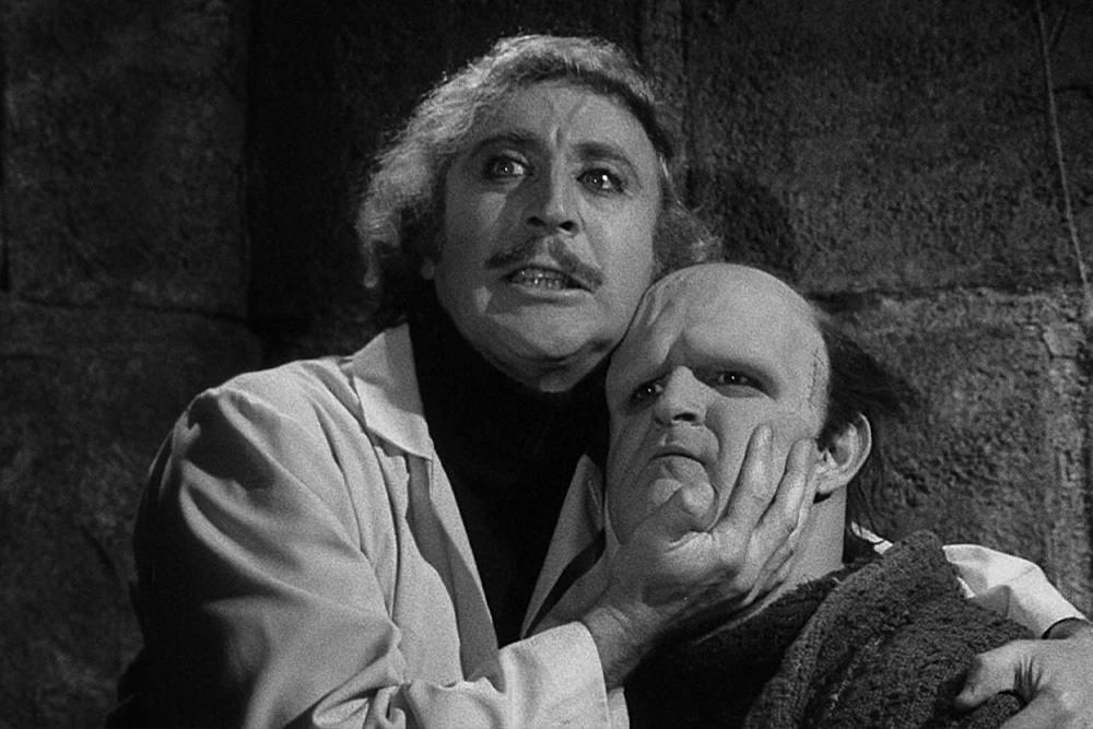 Image depicted from satirical film Young Frankenstein as a dramatic visualization of Doctor Frankenstein and his monster