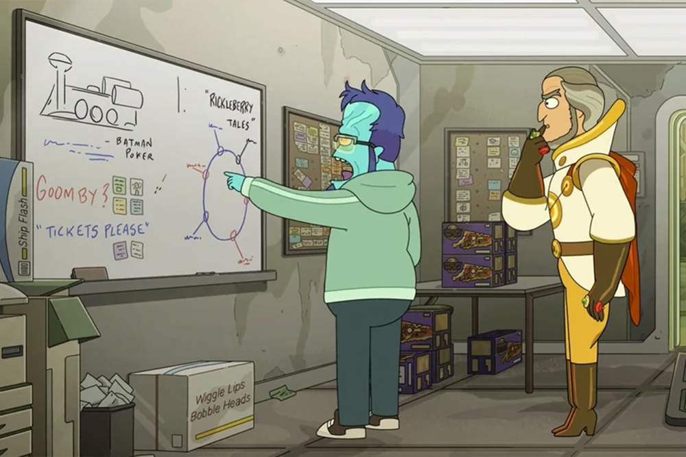 Still image from the Story Train episode of Rick and Morty to visualize the organization through story circle of narrative