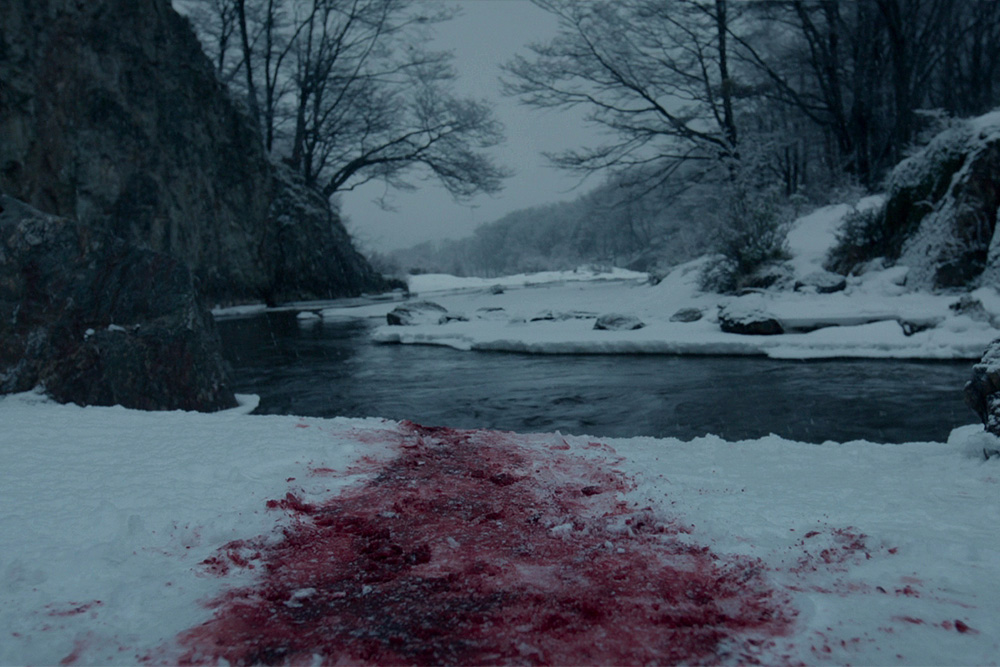 Bloodied snow suggests movement in a scene as quoted from the film The Revenant for examples of character vs. nature conflict in films