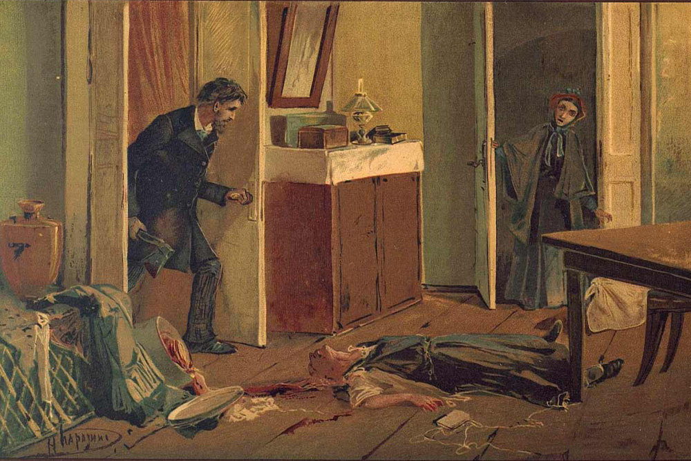 Illustration of Raskolnikov in shadow after having killed the old woman as a suggestion of the internal forces the character will reckon with as the film progresses 