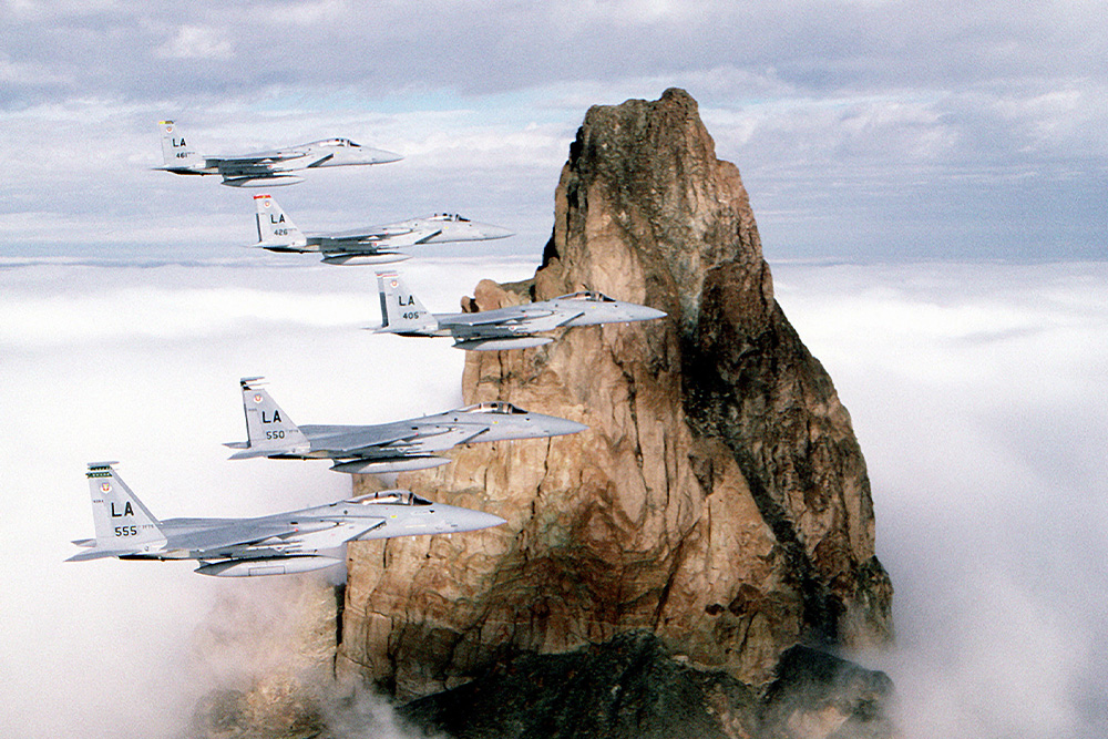 The five-act structure visualized literally as five planes in formation — themes of tension, war, fighting, danger, organization