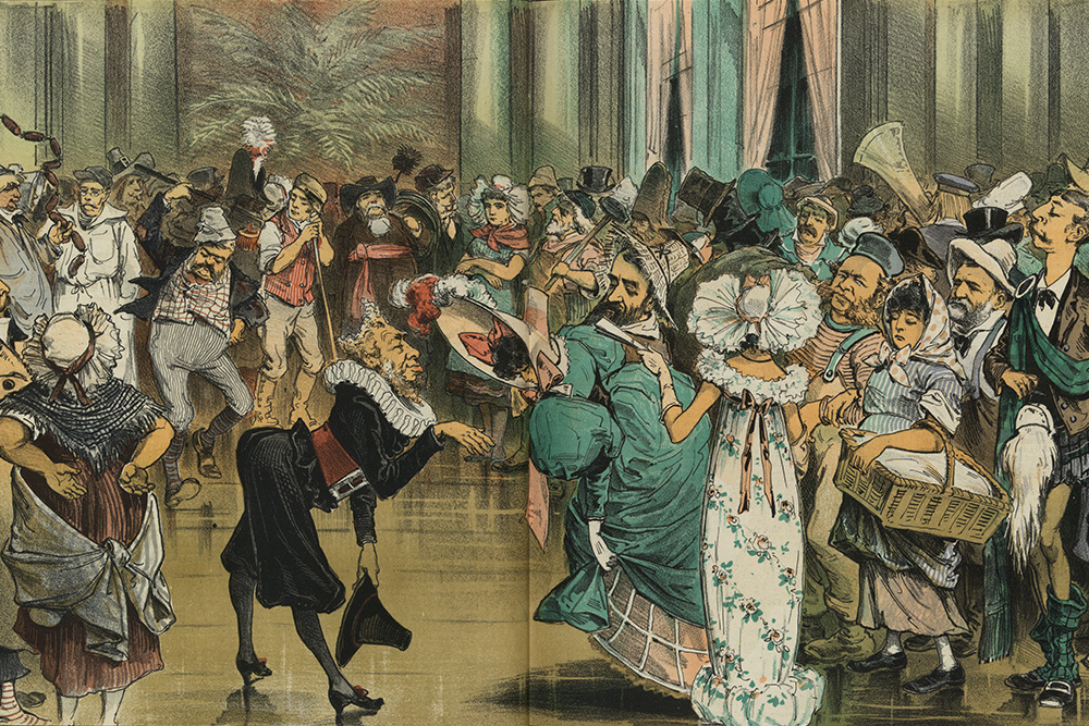 An invitation to high society depicted in a mocking painting is a pointed example of historical fiction's unique power
