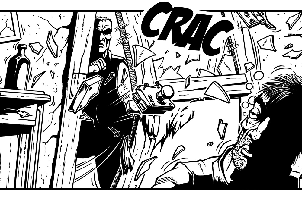 A picture of a comic panel where someone bursts into a room with a word description to help understand what is onomatopoeia