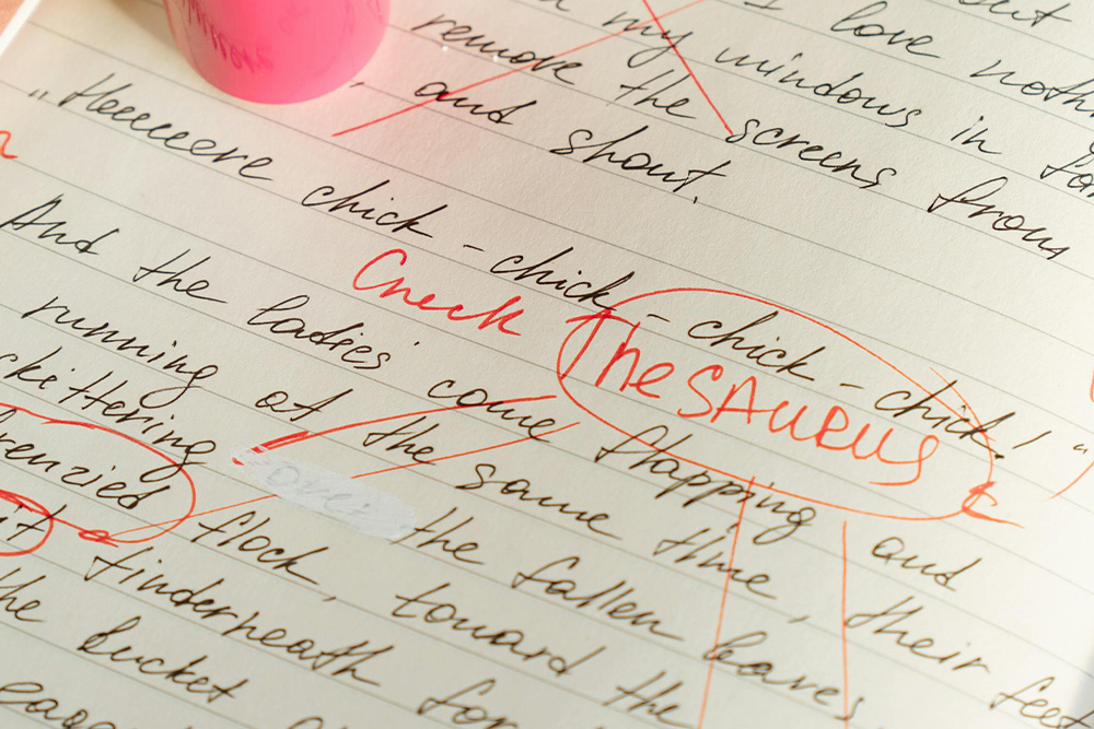 Effective proofreading prioritizes subtle and subjective choices, as visualized by a big "CHECK THESAURUS" dialog on this page.