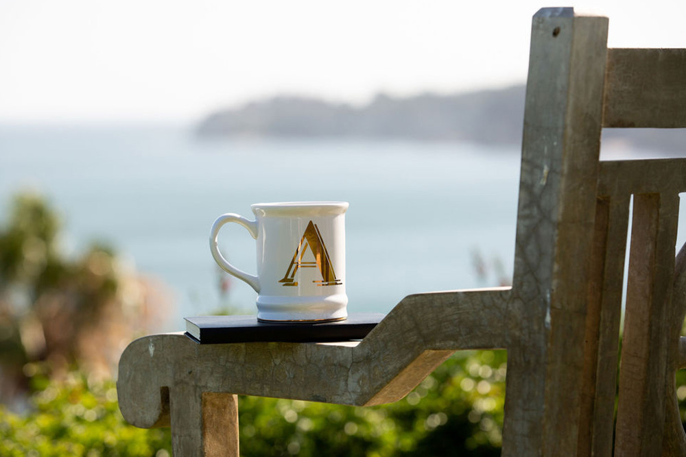 A picture of the Alan Watt mug on top of an unmarked book in lightness by nature to suggest how team Alan Watt has the best in-house editors for you.