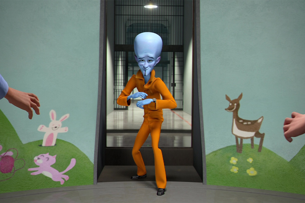 Megamind entering from jail at the beginning of his redemption arc to suggest he begins as a villain