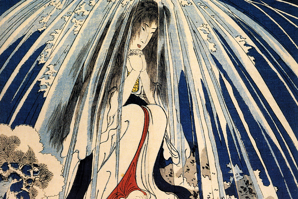 a woman under a waterfall seeking penance to show that the road to redemption arc is rife with struggle
