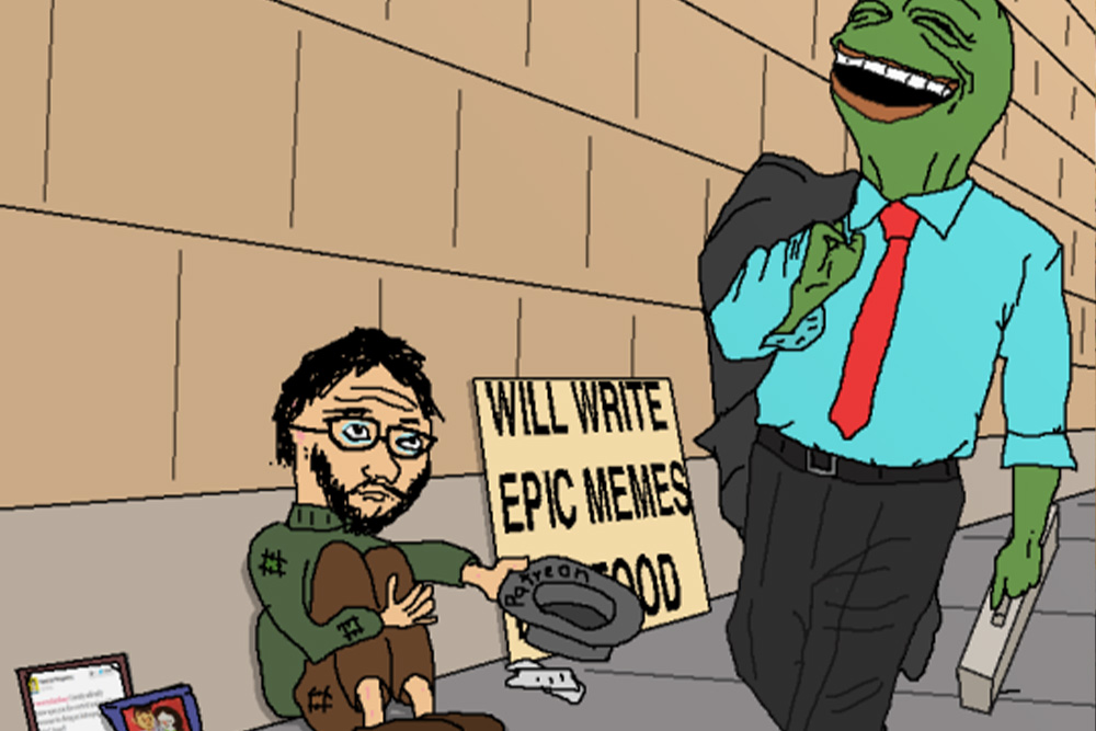 A writer wojak holds a pattern hat out toward a Pepe businessman to suggest how writers will outsource themselves too much without protecting their energy by focusing on writing memes