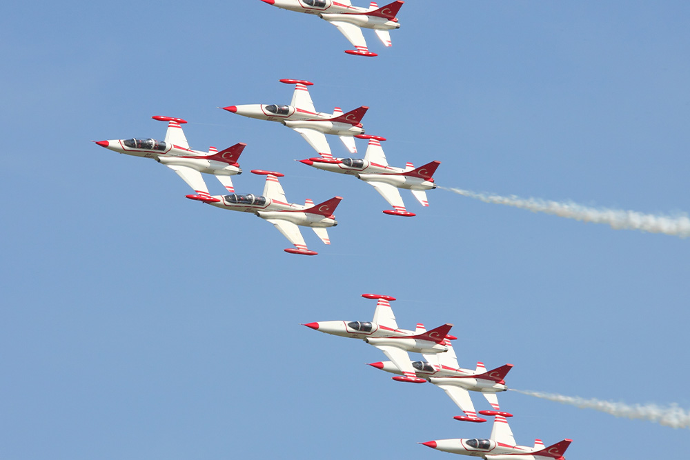 Turkish planes fly in formation to signify strength and might in the form of blitzkrieg writing