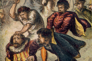 A man holds a duke by the hair with a knife to suggest a sometimes simple and violent heart of a central conflict. More quickly identified.