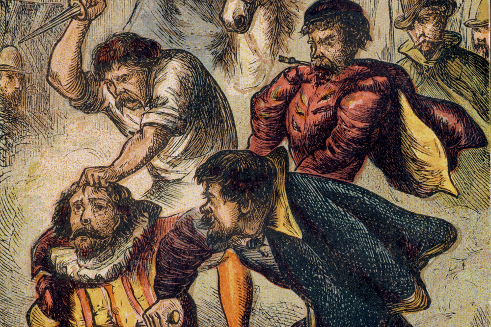 A man holds a duke by the hair with a knife to suggest a sometimes simple and violent heart of a central conflict. More quickly identified.