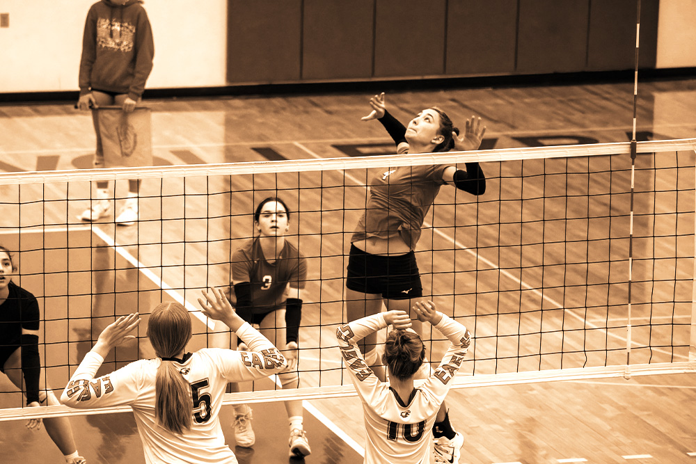 A middle blocker goes up to spike a volleyball to suggest that the middle of a story is very important in relation to the sum parts of a story