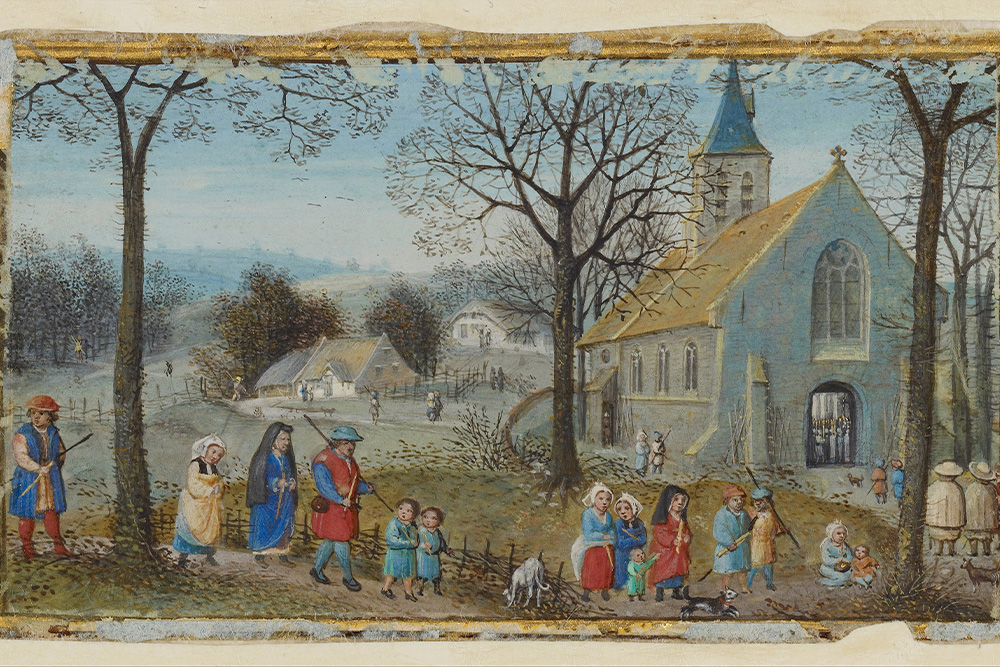 Villagers walk to a church in a painting that suggests we are all led to our primitive forms of morality and curiosities