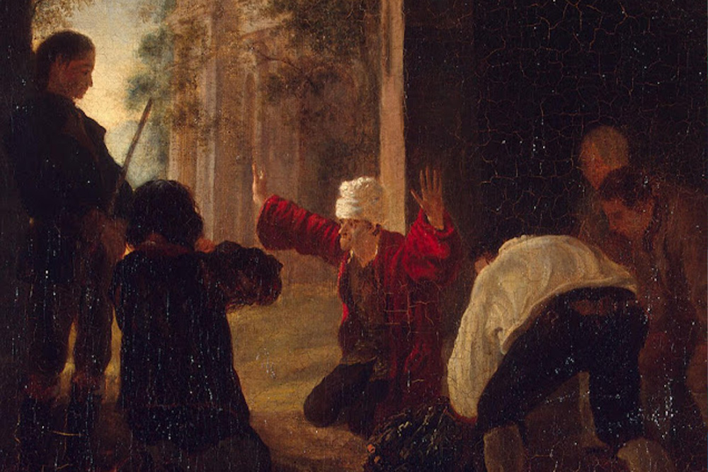 A man brightly lit stops everyone around him, shadowed, from doing something to suggest a danger of the omniscient narrator being a device for writers to head-hop too much
