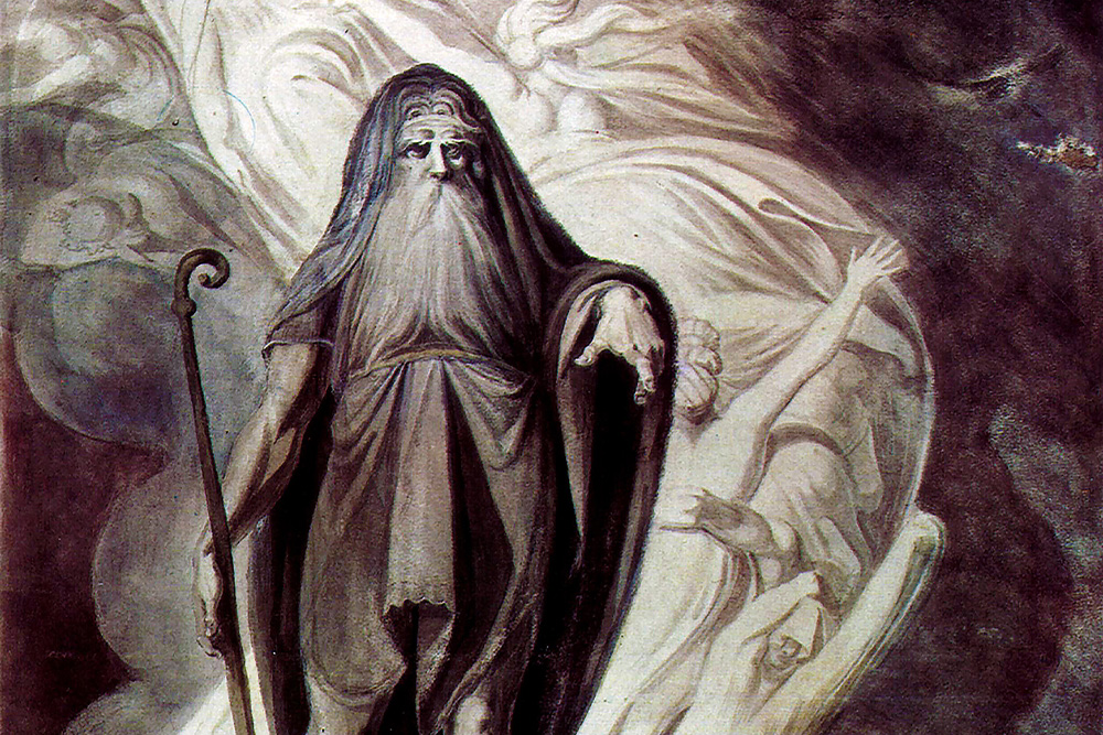 The sage archetype as written in greek tradition, Tiresias, is painted here when he appears before Ulysses