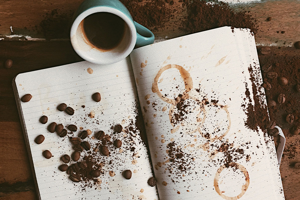 Coffee is spilled all over empty pages to suggest how to adapt a book into a screenplay without making significant adaptation mistakes