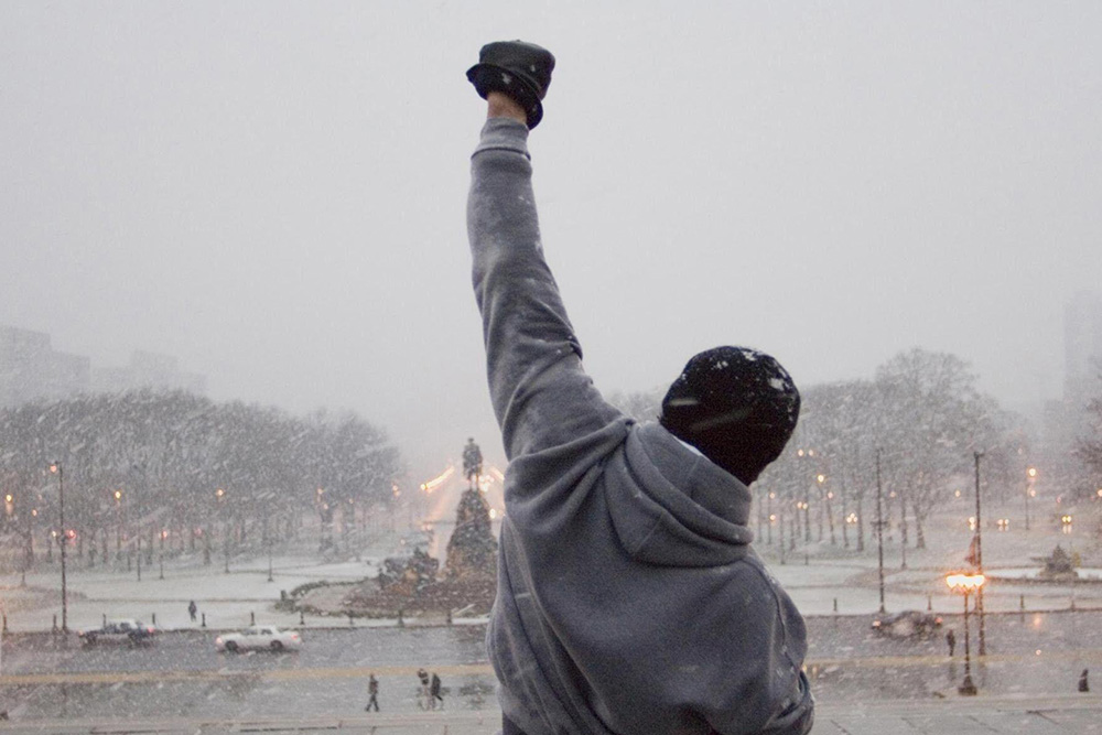 Rocky Balboa with a hand raised suggests a Victorious example in film of the hero archetype