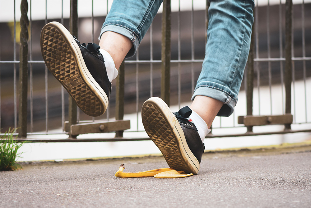 Someone slipping on a banana peel suggests that peer learning comes with its own mistakes to be made too