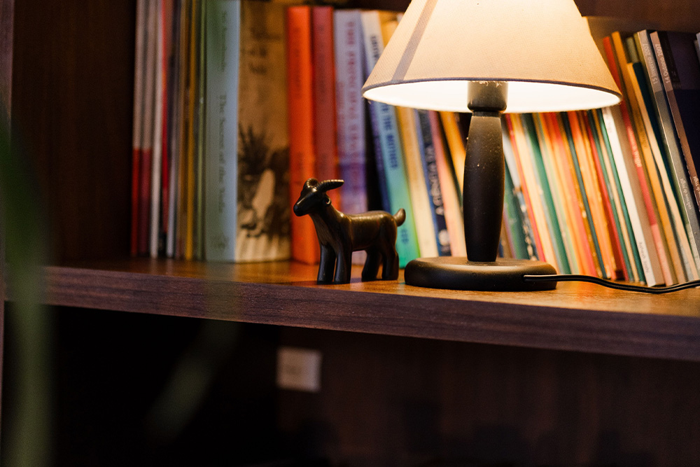A wooden figurine of a goat sits on a bookshelf beside novels to suggest the scapegoat in literature as a literal mechanism