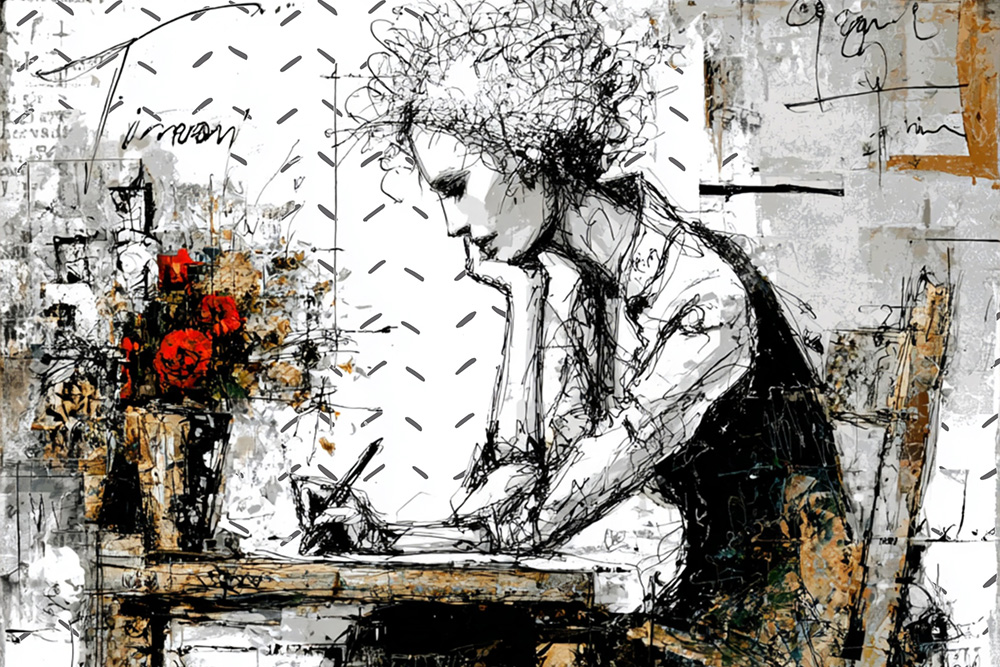 Romantic scribbled drawing of a woman writing freely to suggest the multifaceted effects of taking up writing challenges