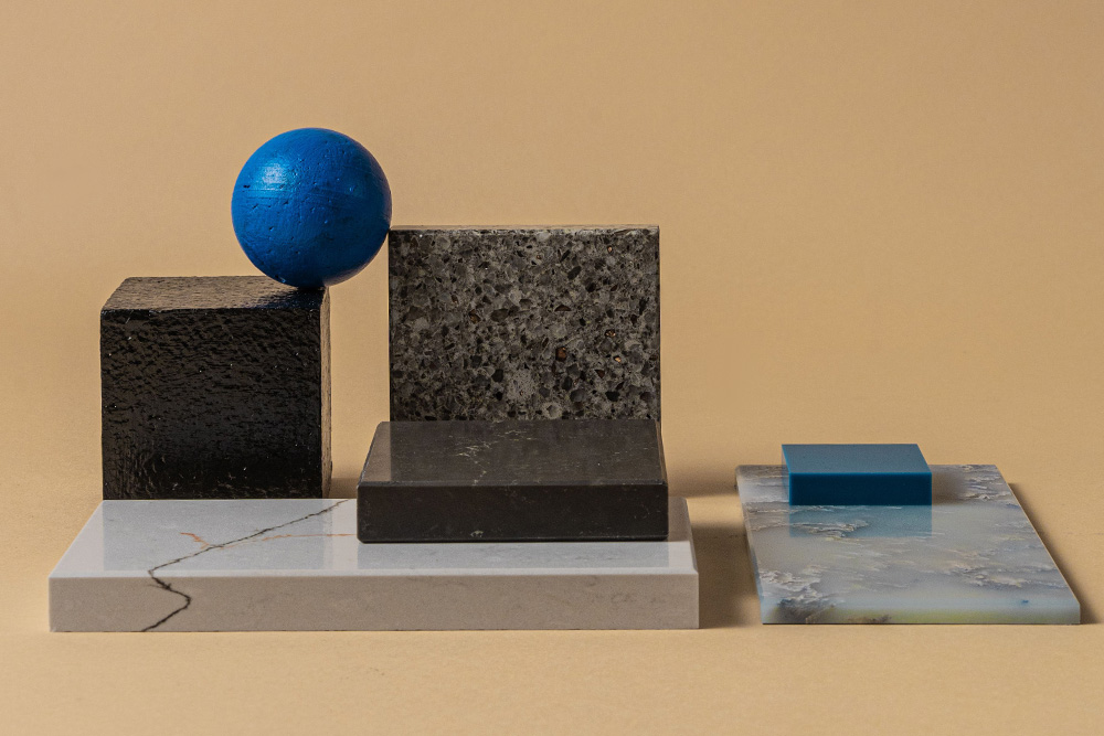 Abstract shapes and materials to suggest that an abridged vs. unabridged work may look different across different materials