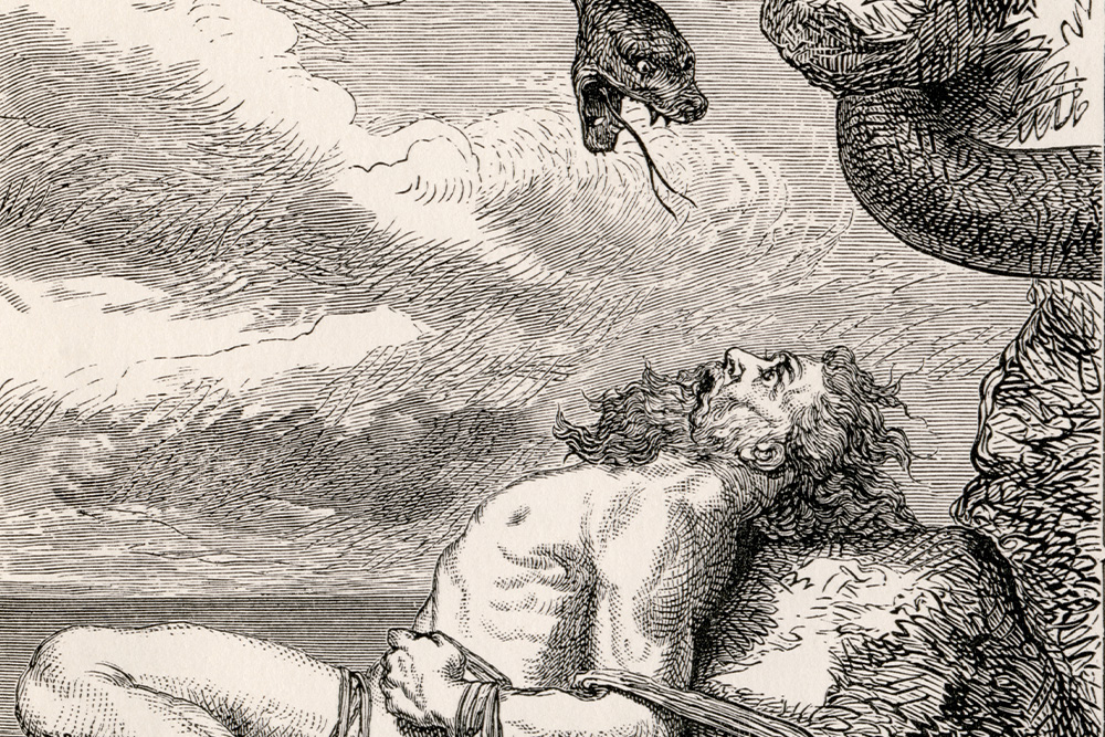 Image of Loki being punished to suggest that the trickster archetype may not wreak havoc on a world without abandon