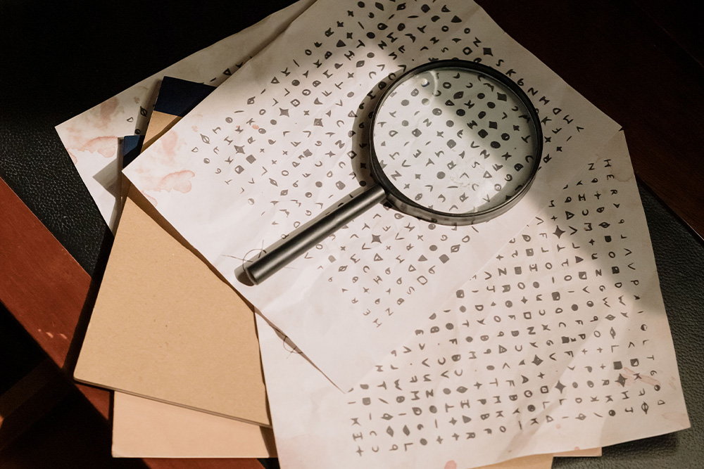 A magnifying glass with odd symbols suggest that shorthand already exists to find book title ideas