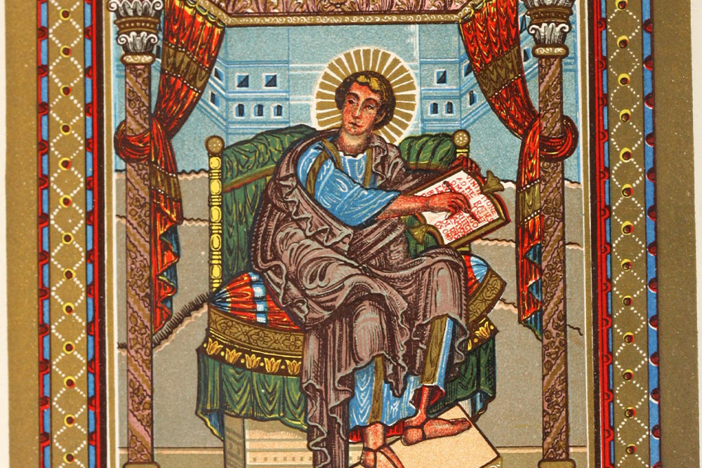 St. Matthew painted with one of the original copies of the manuscript and the painting of the act therein to suggest how mood vs. tone may be subject to changing ephemera as attitudes too, shift