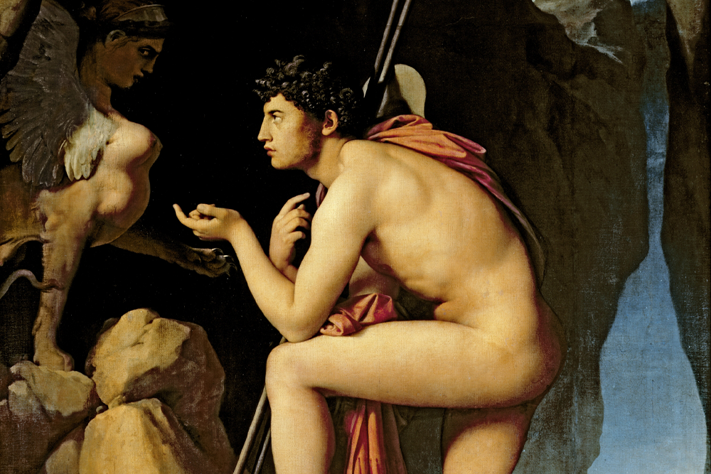A picture of Oedipus talking to the sphinx as painting for tragic hero examples