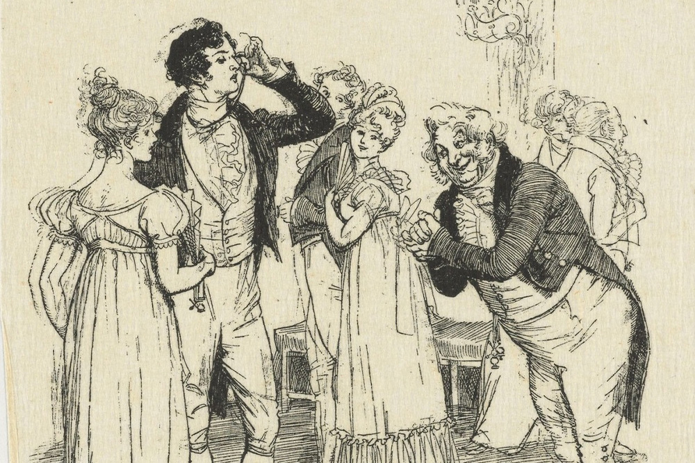 Characters from Pride and Prejudice drawn in a style congruent to formal diction