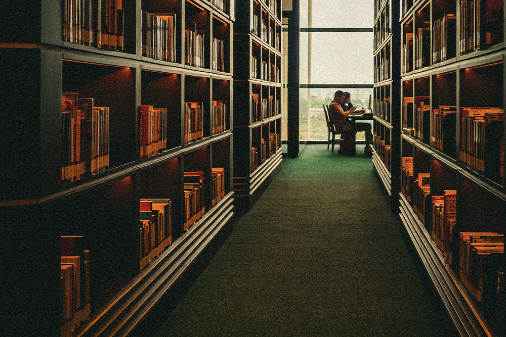 A long bookcase with older people studying at its end suggests there's much for you to still learn in literary fiction