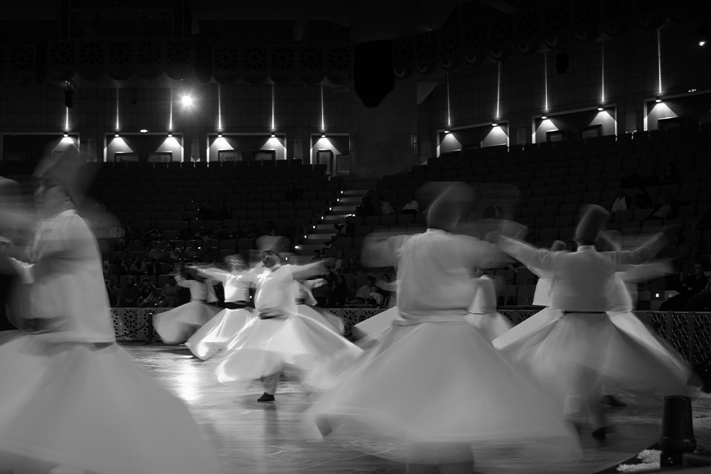 Characters are shown here through motion and distinguished through a shadowed audience and a lightened performers in motion and stillness, opposite