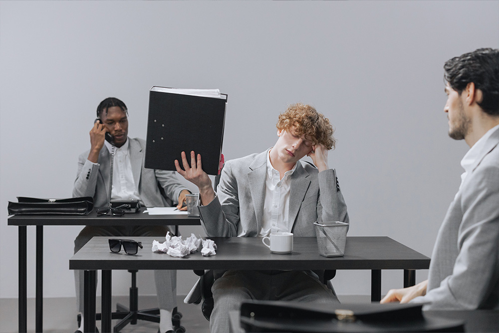Different writers at different desks with one who looks very frustrated with a writing portfolio in hand