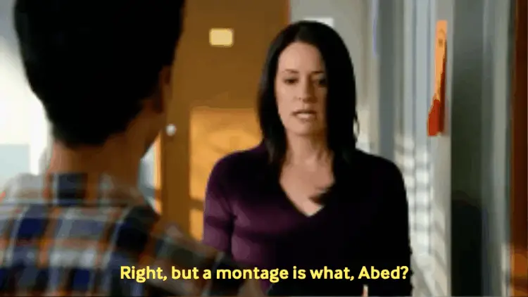 Abed and Frankie from season six of Community discussing what the condition of the montage is in regard to a previous line in the blog about potentially tedious exposition