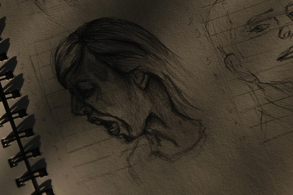 A sketch of a woman screaming to parallel what a distinct voice might be in character sketch